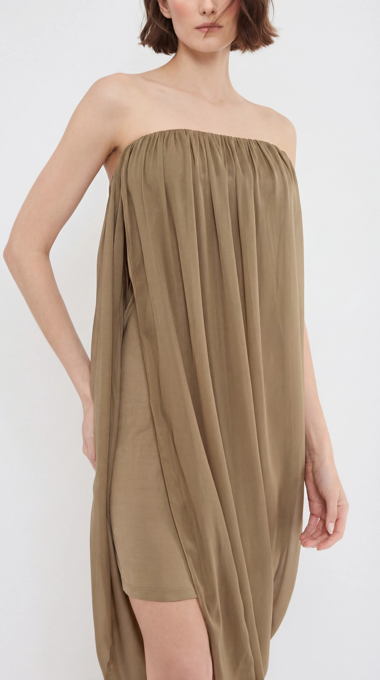 Vestido Midi Assimétrico Com Sobreposição Balonê Bege 4