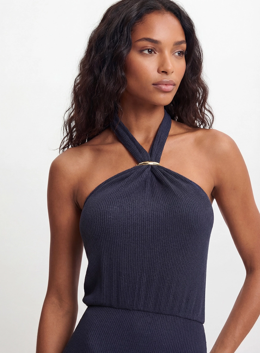 Vestido Midi Mullet Canelado Com Detalhe Azul 4