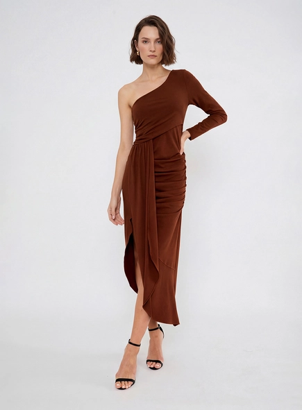 Vestido Midi Um Ombro Com Drapeado Frontal