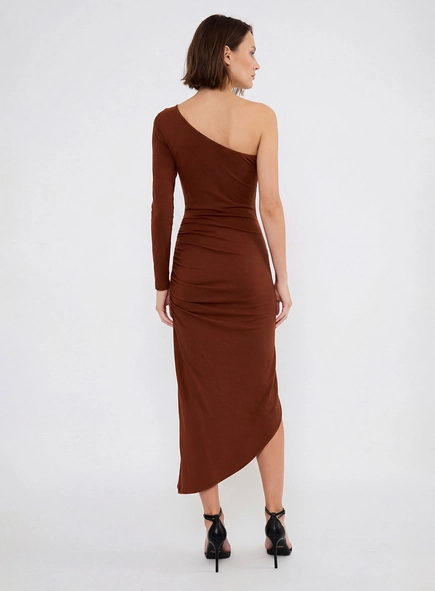 Vestido Midi Um Ombro Com Drapeado Frontal