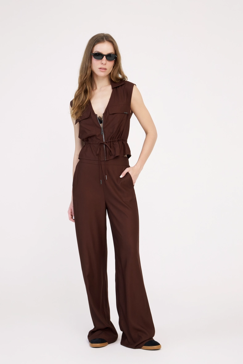 Calça Feminina Wide Leg Alfaiataria Cintura Alta Marrom 1