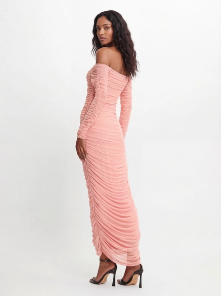 Vestido Midi Slim Manga Longa Franzido