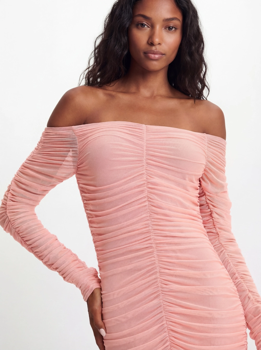 Vestido Midi Slim Manga Longa Franzido Rosa 4
