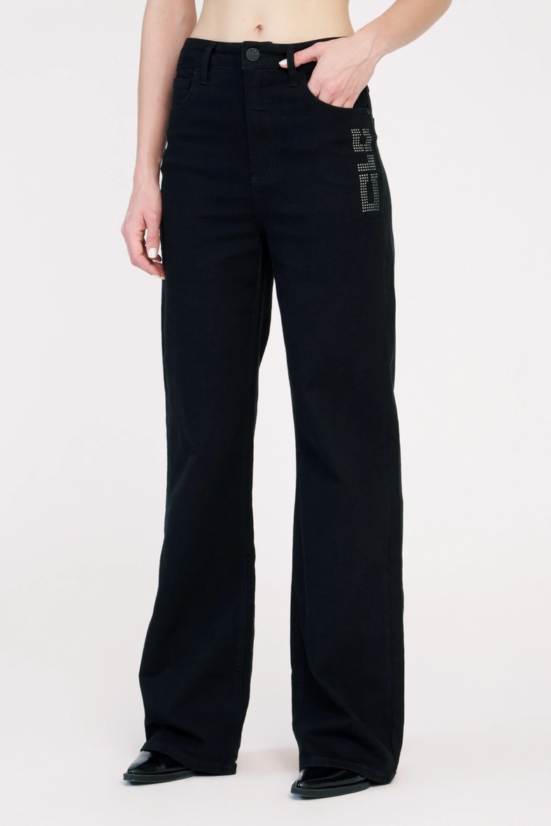 Calça Jeans Feminina Wide Leg Stretch Aplicação Indigo Preto 3