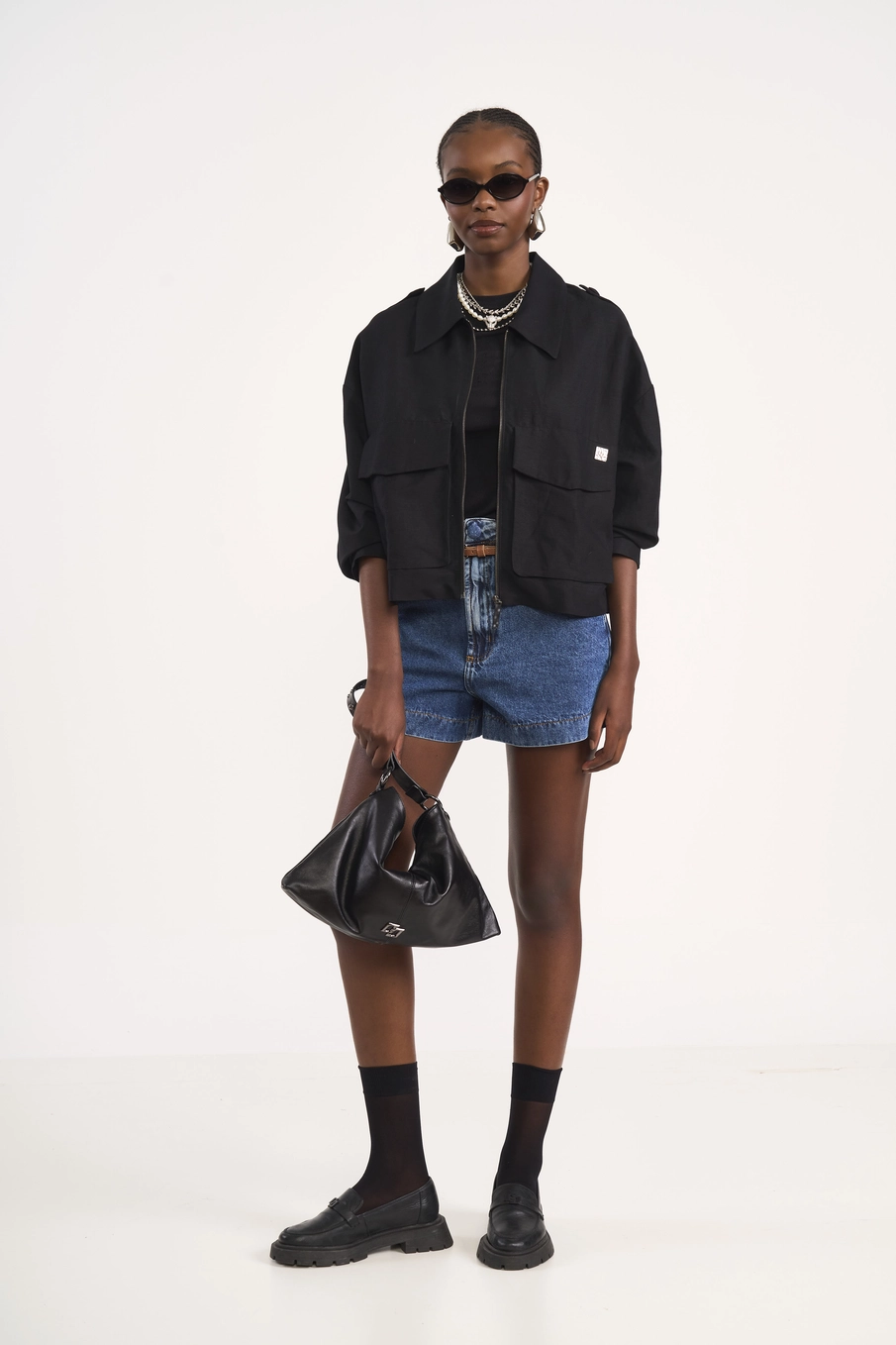 Jaqueta Loose Com Bolsos Frontais Preto
