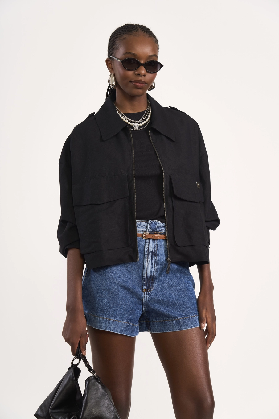 Jaqueta Loose Com Bolsos Frontais Preto