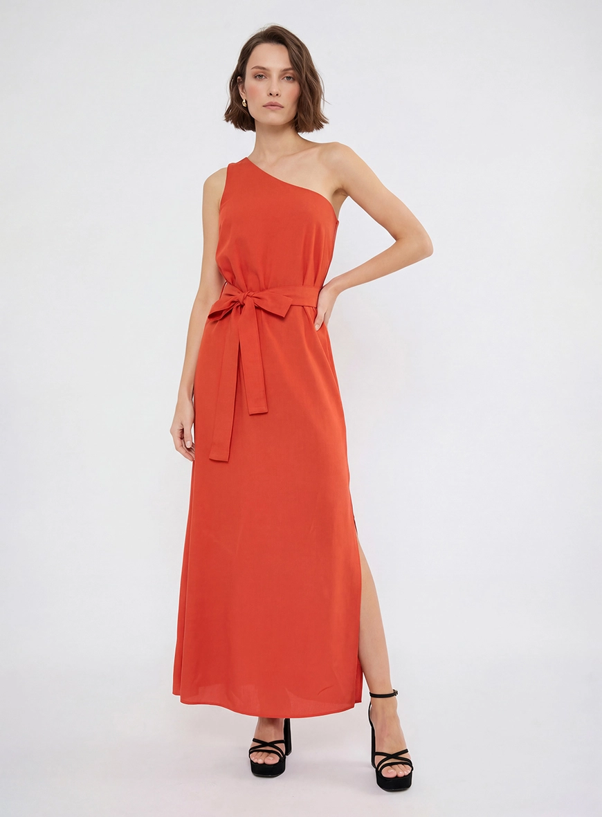 Vestido Longo Assimétrico Com Fenda Vermelho 1