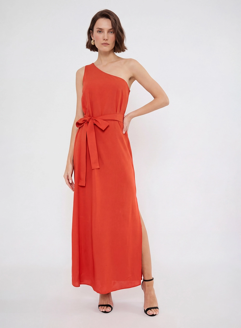 Vestido Longo Assimétrico Com Fenda Vermelho 3
