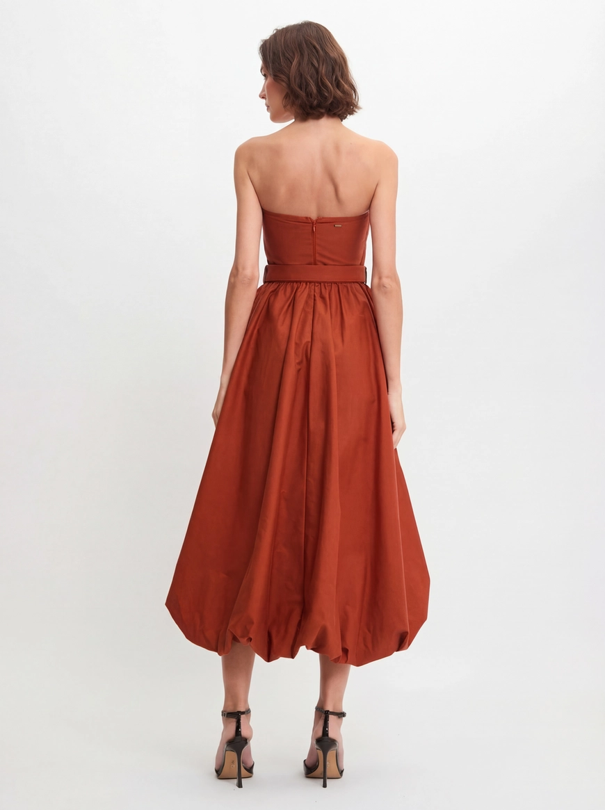 Vestido Midi Balonê Franzido Com Cinto Laranja 2