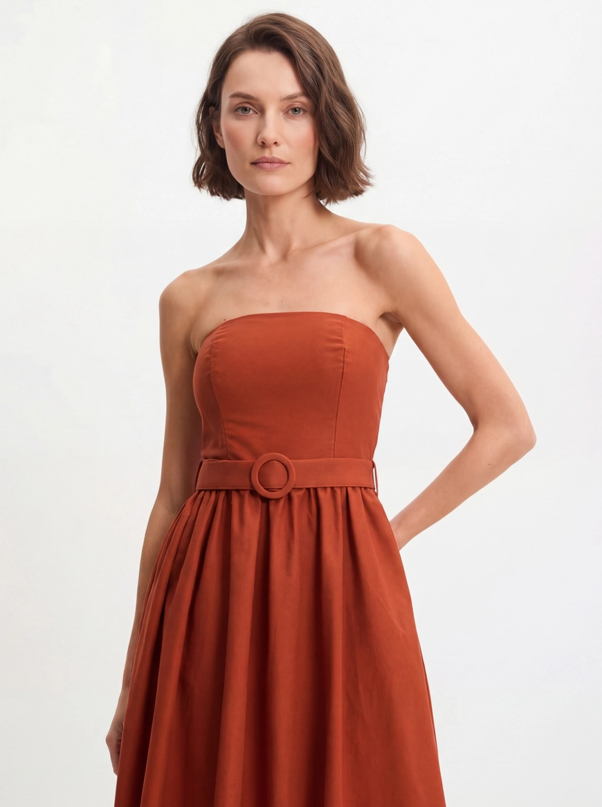 Vestido Midi Balonê Franzido Com Cinto Laranja 4