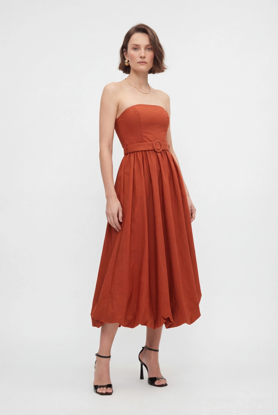 Vestido Midi Balonê Franzido Com Cinto Laranja 1