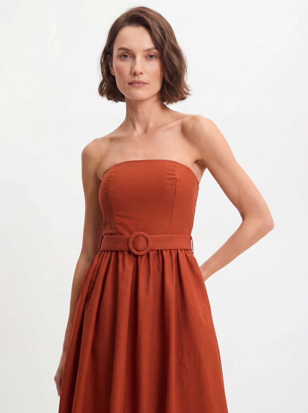 Vestido Midi Balonê Franzido Com Cinto Laranja 4