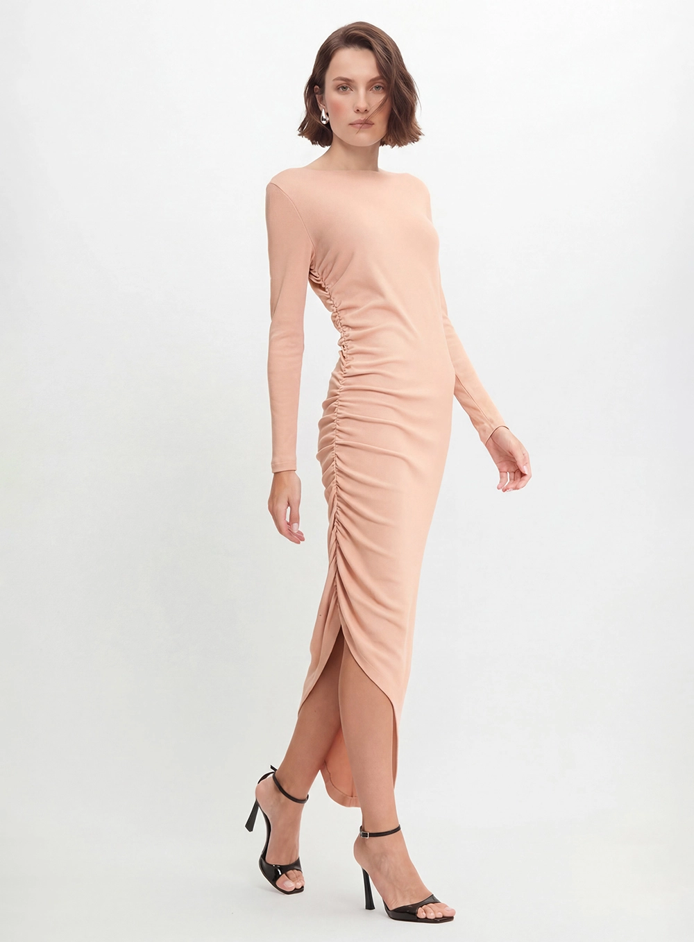 Vestido Midi Slim Assimétrico Com Drapeado Bege 1