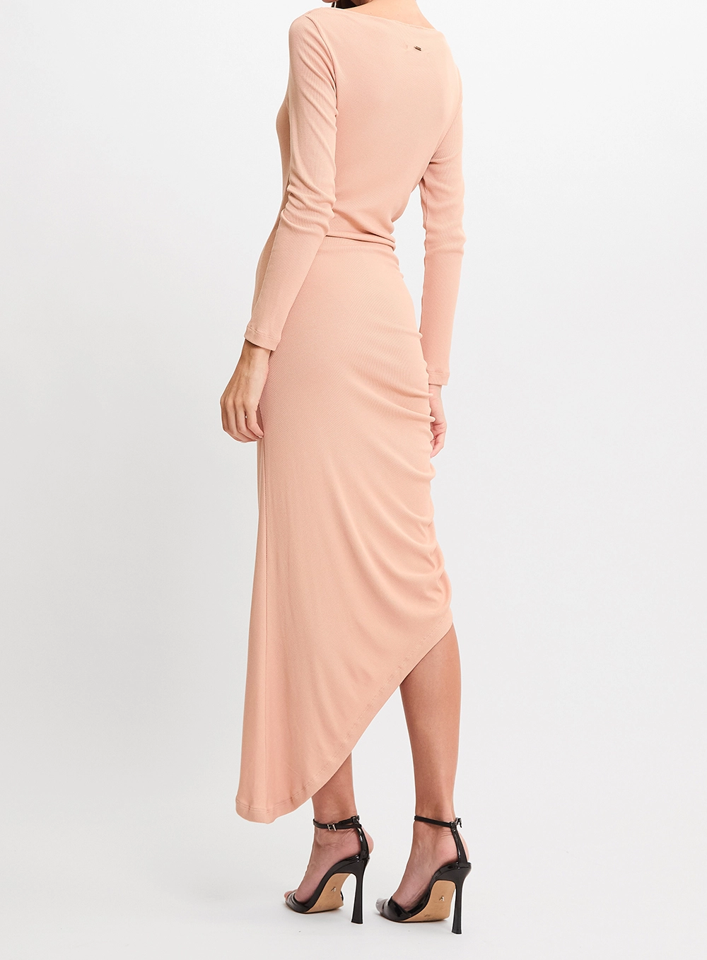 Vestido Midi Slim Assimétrico Com Drapeado Bege 2