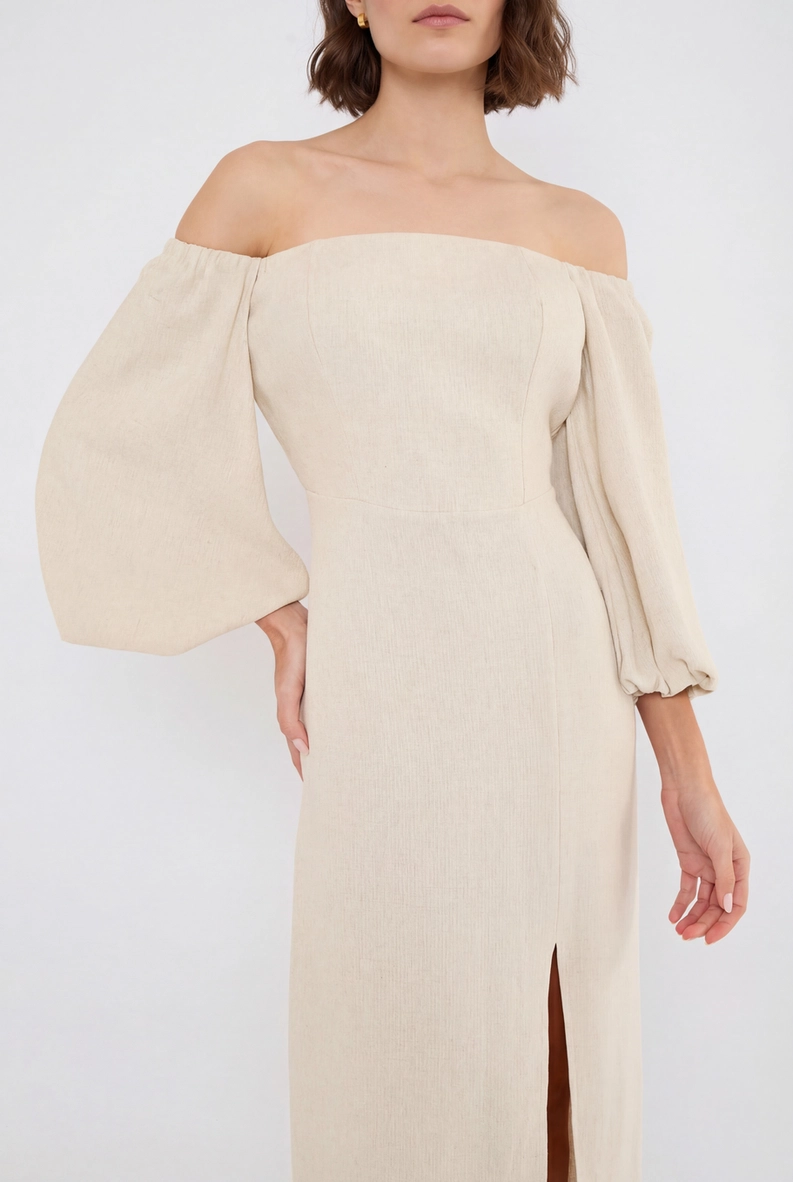 Vestido Midi Slim Com Fenda Bege Esquilo 4