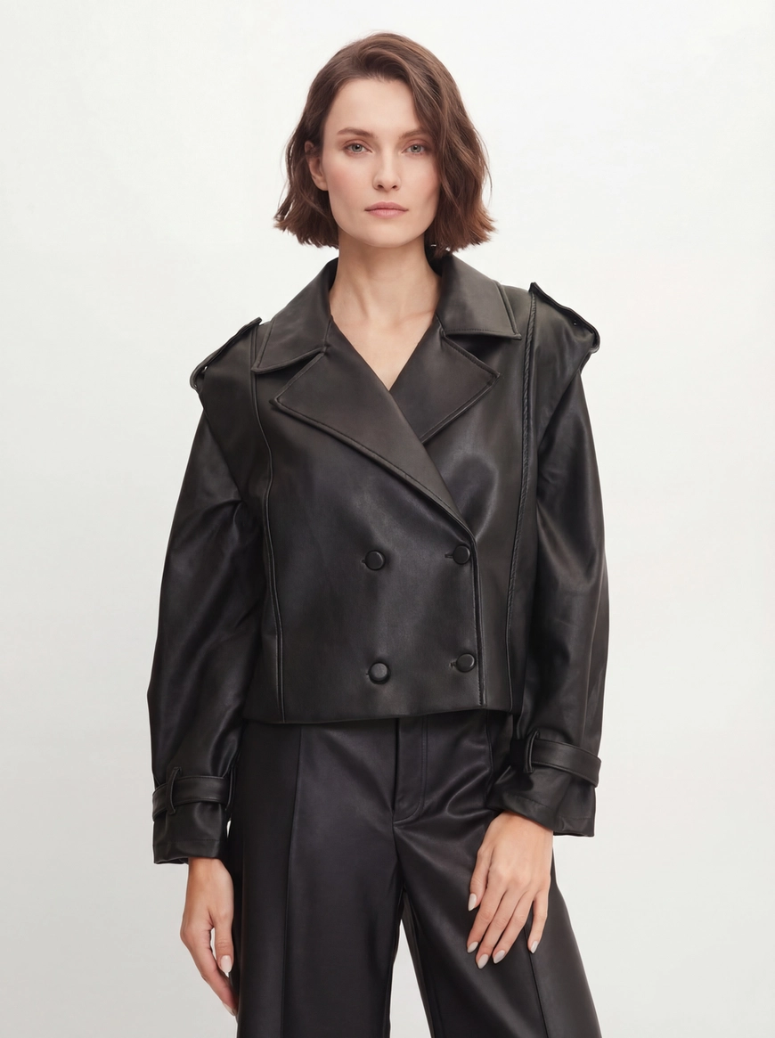 Casaco Mini Trench Feminino Pu Preto 1