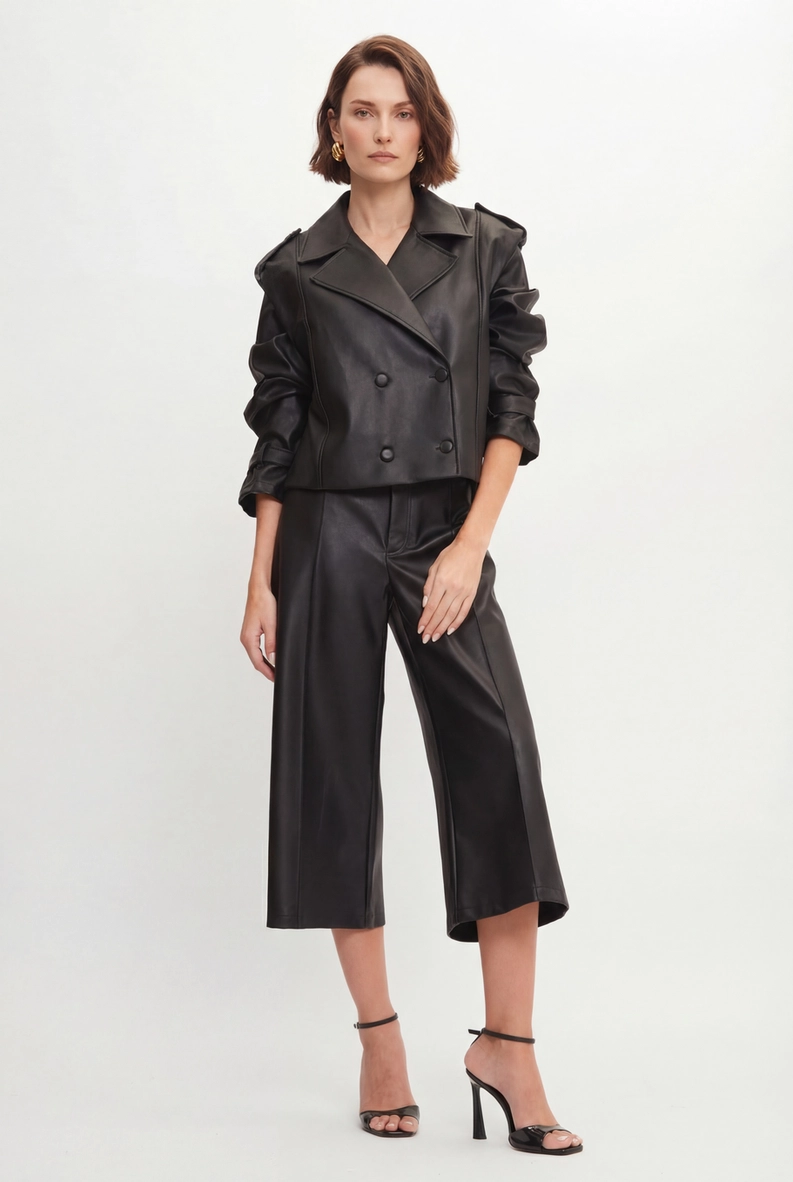 Casaco Mini Trench Feminino Pu Preto 3