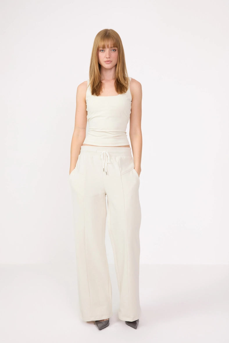 Calça Moletom Feminina Wide Leg Bege Italian 1