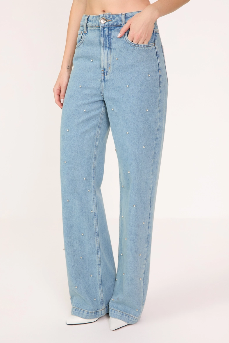 Calça Jeans Feminina Wide Leg Com Bordado Índigo 3