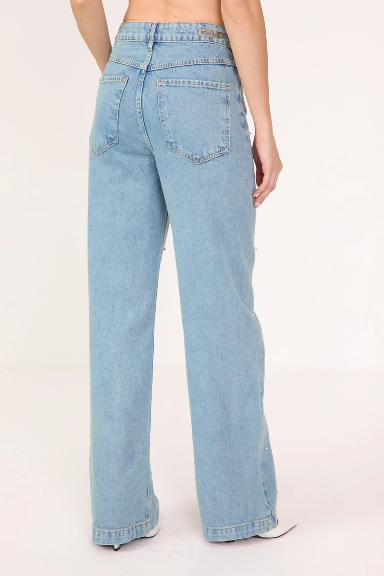 Calça Jeans Feminina Wide Leg Com Bordado Índigo 4