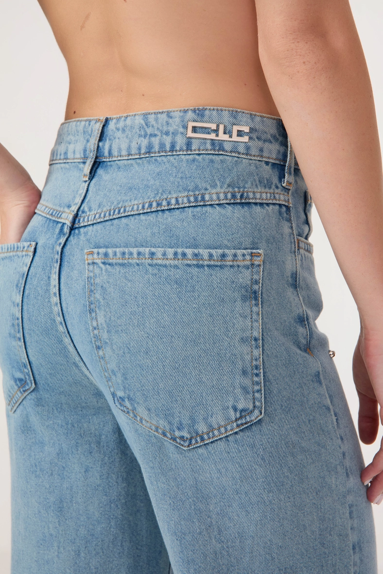 Calça Jeans Feminina Wide Leg Com Bordado Índigo 5