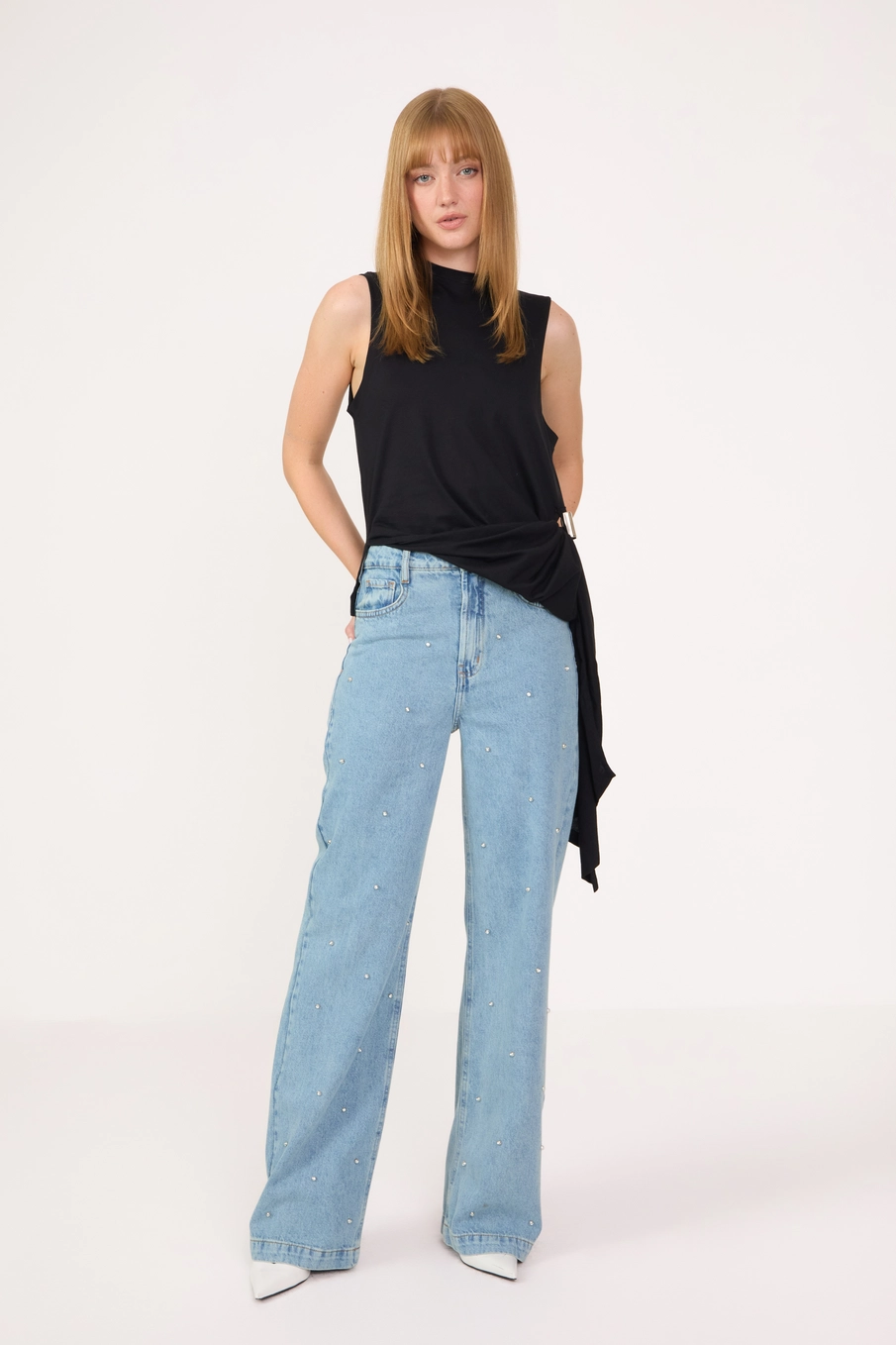 Calça Jeans Feminina Wide Leg Com Bordado Índigo 1