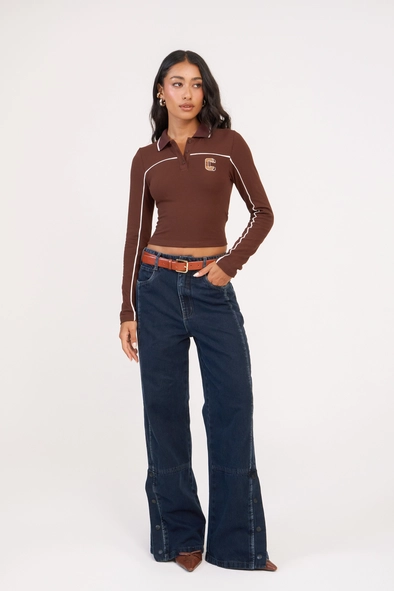 Calça Jeans Feminina Wide Leg Com Abertura