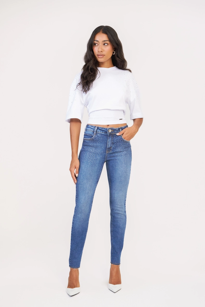 Calça Jeans Feminina Skinny Média Com Aplicação Índigo 1