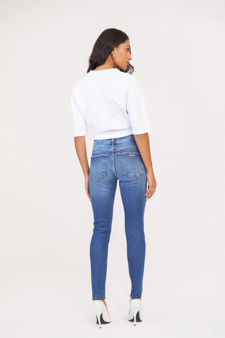Calça Jeans Feminina Skinny Média Com Aplicação Índigo 2