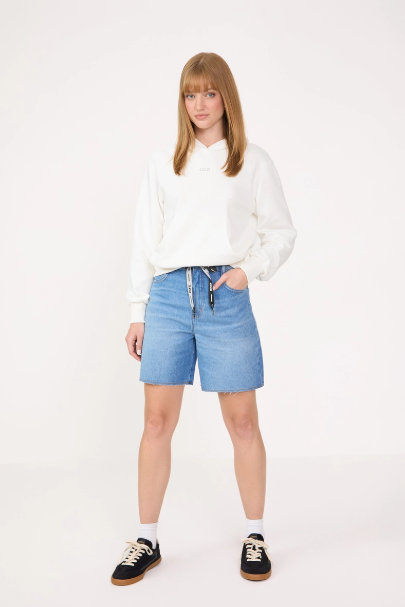 Bermuda Jeans Feminina Trapeze Alta Com Cinto Índigo 1
