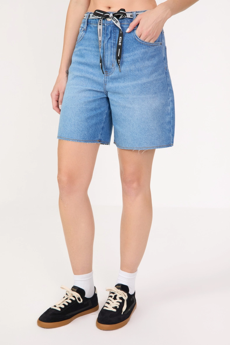 Bermuda Jeans Feminina Trapeze Alta Com Cinto Índigo 3