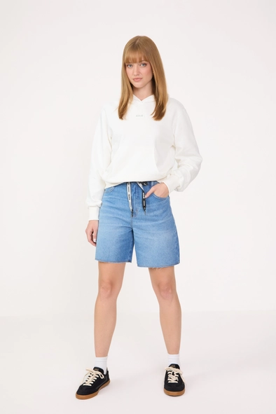 Bermuda Jeans Feminina Trapeze Alta Com Cinto