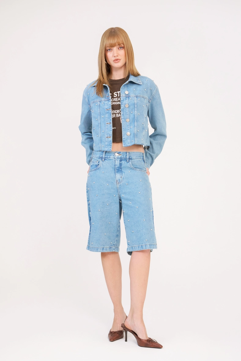 Bermuda Jeans Feminina Baggy Com Bordado Índigo 1