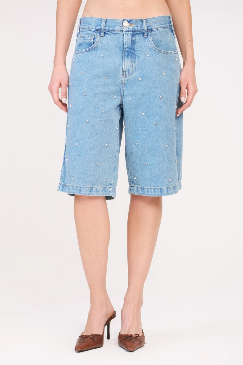 Bermuda Jeans Feminina Baggy Com Bordado Índigo 3