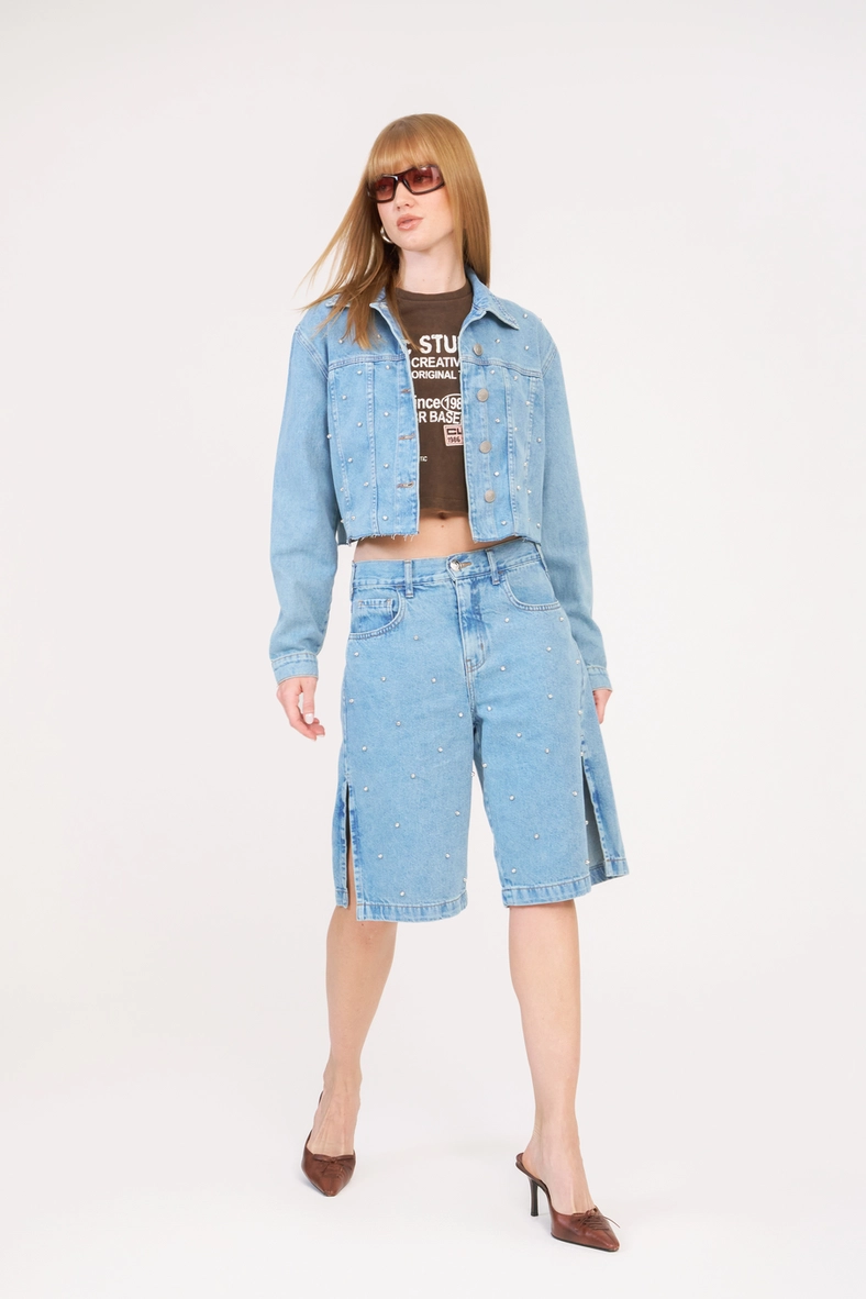 Bermuda Jeans Feminina Baggy Com Bordado Índigo 6