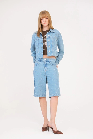 Bermuda Jeans Feminina Baggy Com Bordado