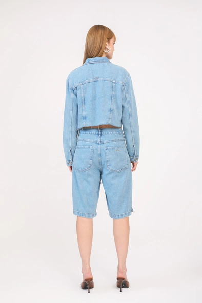 Bermuda Jeans Feminina Baggy Com Bordado