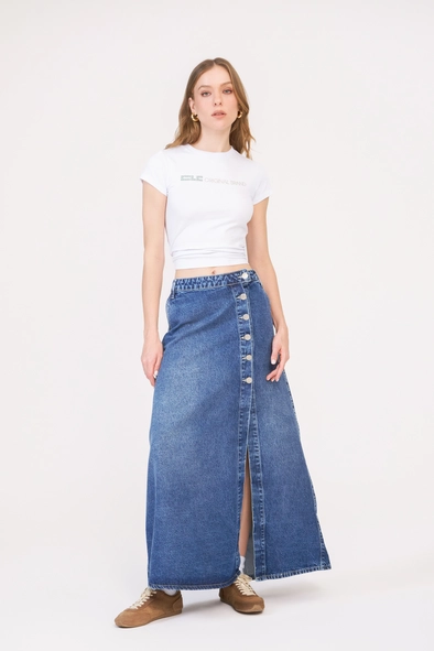 Saia Jeans Longa Com Transpasse