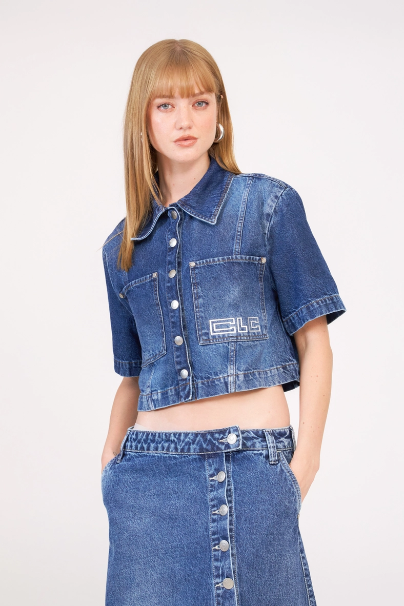 Camisa Jeans Feminina Cropped Índigo 4