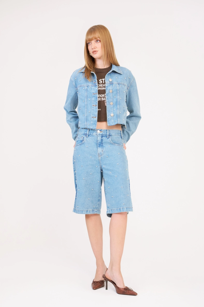 Jaqueta Jeans Feminina Cropped Com Bordado Índigo 1