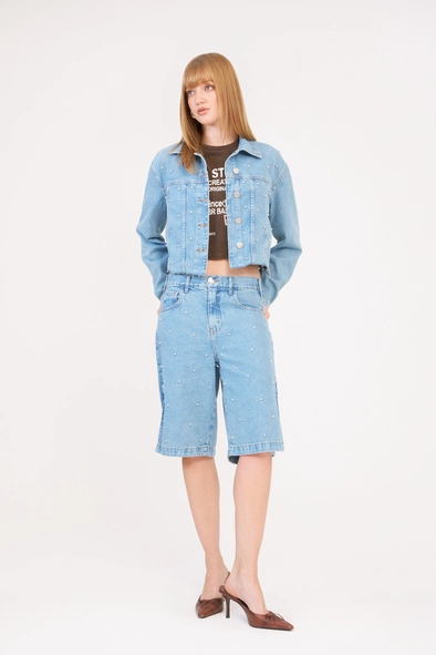 Jaqueta Jeans Feminina Cropped Com Bordado