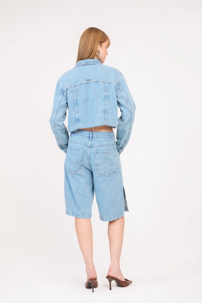 Jaqueta Jeans Feminina Cropped Com Bordado