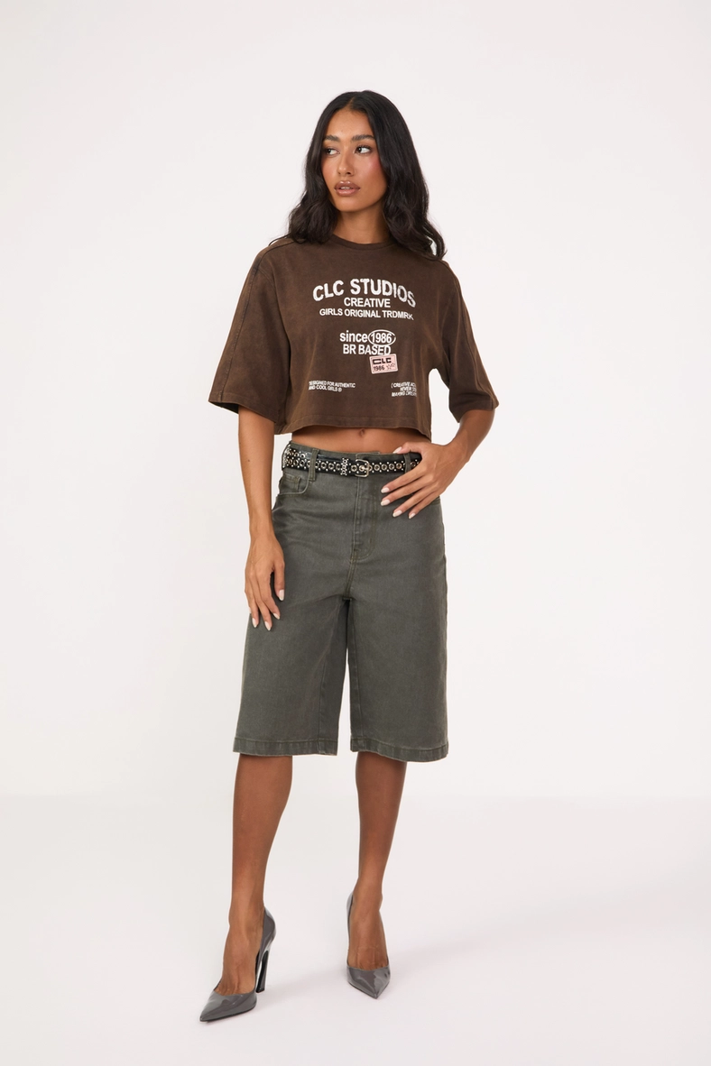 Camiseta Feminina Box Over Estampada Bordada Marrom 4