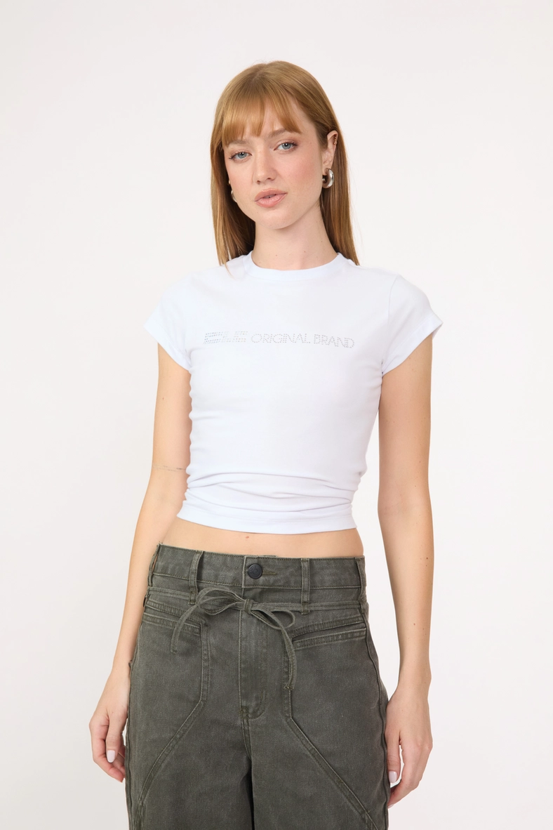 Camiseta Feminina Baby Look Com Aplicação Branco 1