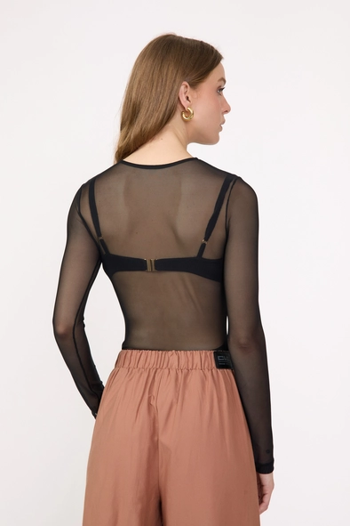 Blusa Slim De Tule Manga Longa