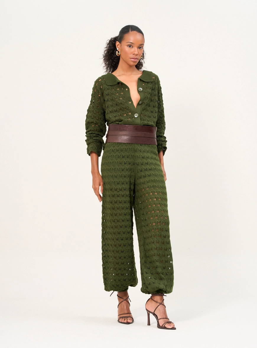 Calça De Tricô Texturizado Com Cintura Ajustada Verde 1