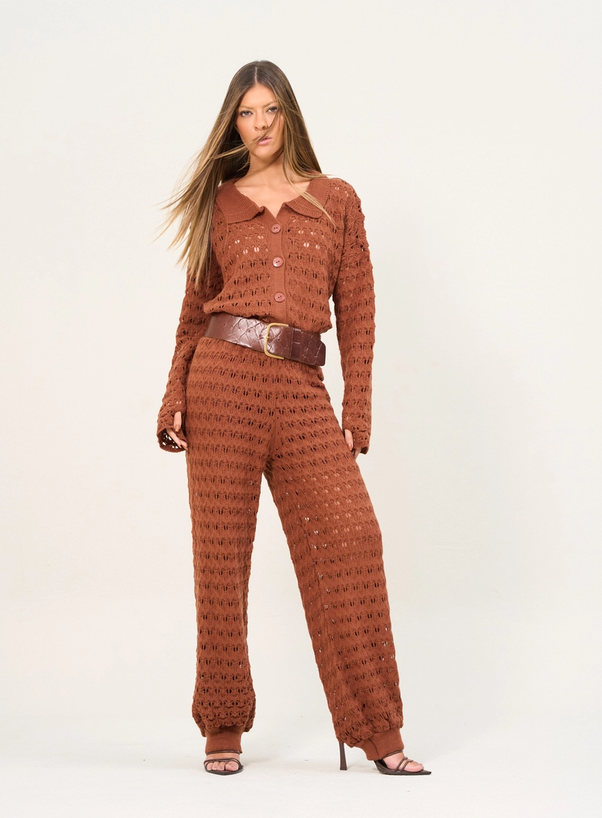 Calça De Tricô Texturizado Com Cintura Ajustada Marrom Zeus 1