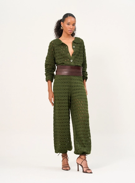 Calça De Tricô Texturizado Com Cintura Ajustada