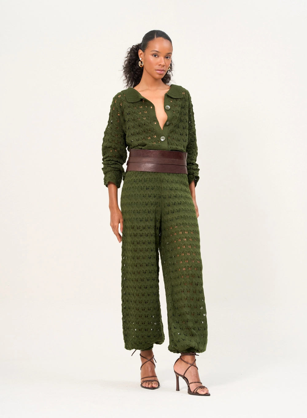 Calça De Tricô Texturizado Com Cintura Ajustada Verde 1