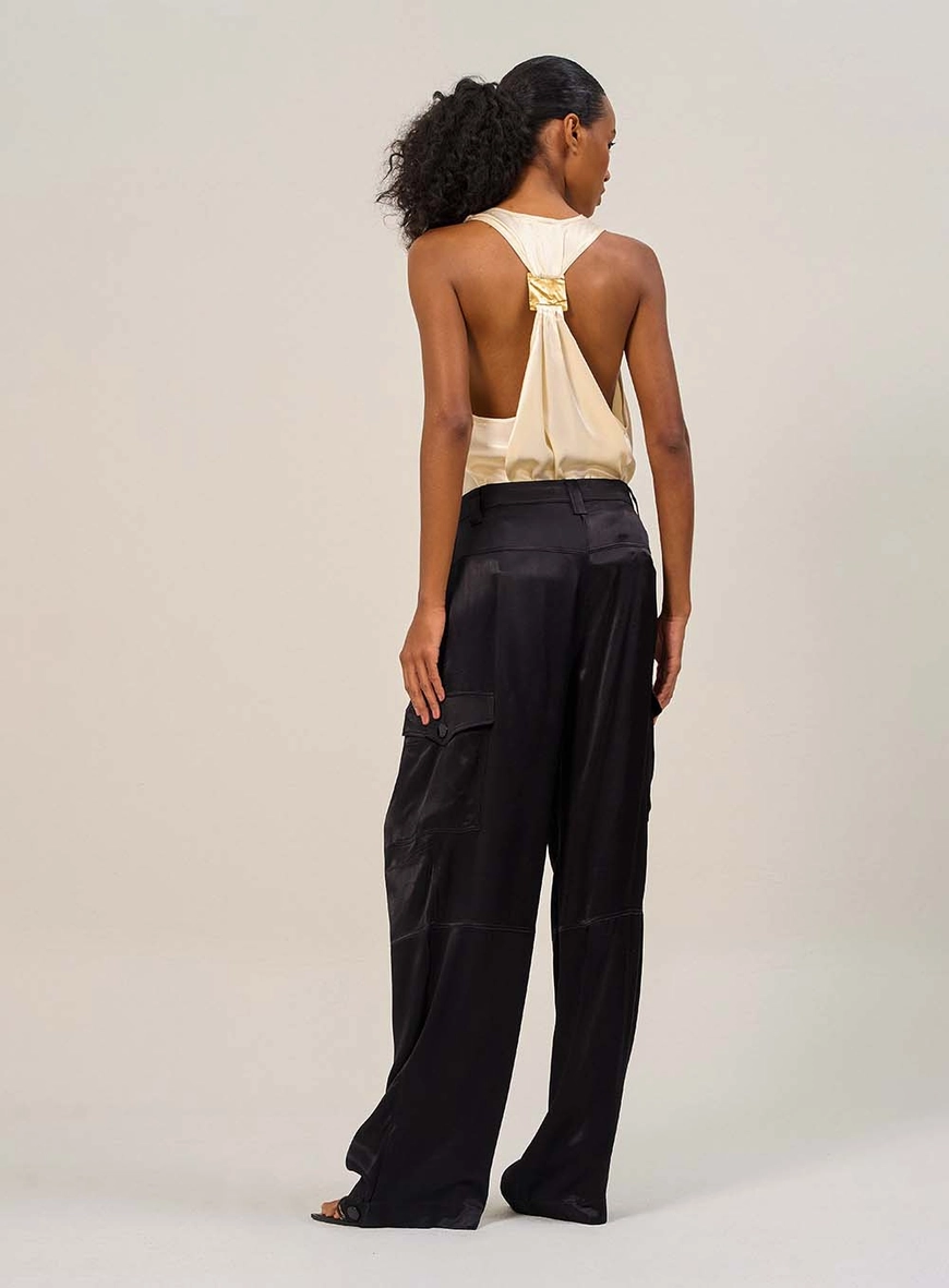 Calça Feminina Cargo Wide Leg Acetinada Preto 2